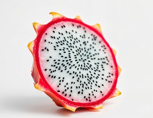 Wall Mural - vibrant cross section of dragon fruit reveals interior of tiny black seeds nestled within white flesh encased by bright pink rind