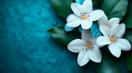 Wall Mural - Delicate White Flowers Resting on Teal Background