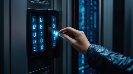 Poster - A person entering a passcode on a high-tech safe with glowing numbers