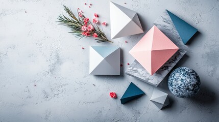 Aufkleber - Geometric paper cutouts art installation modern studio flat lay minimalist design aerial view textured creativity