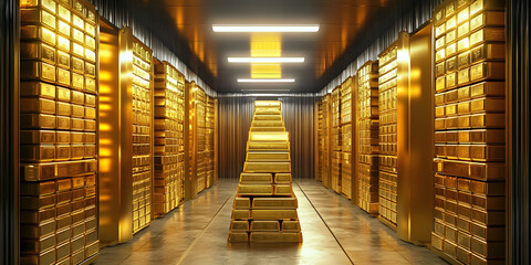 Sticker - Generic gold reserve vault with stacks of gold bars. Bank vault with gold and cash. rendering, gold, reserve, vault, stacks, bars