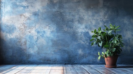 Wall Mural - Potted plant sits in front of a blue wall