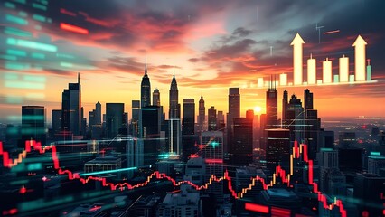 Wall Mural - financial crisis and market downturn graph overlay on city skyline with sunset backdrop, emphasizing