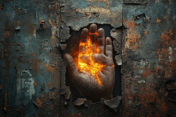 Wall Mural - Demon not lie, A hand with burning fingertips symbolizes passion and truth in a creative, high-fidelity image.