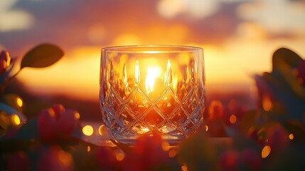 Wall Mural - Crystal glass at sunset, surrounded by flowers