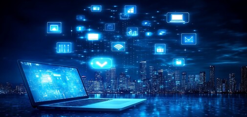 Laptop displaying digital icons over a cityscape at night.