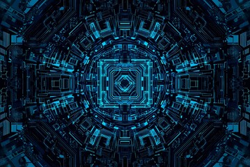 abstract close-up of a glowing blue digital circuit board, showcasing intricate connections and tech