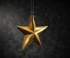 Luminous gold star-shaped light hanging against dark background, glowing, celestial, decoration