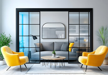 Wall Mural - 
A bright and airy studio apartment living room with black-framed glass doors, a grey sofa with a yellow armchair in front of it, a wooden coffee table, and a mirror on the wall.