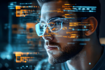 programming coding and man with focus, hologram and trading with cyber security, futuristic and rese