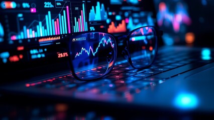 Wall Mural - financial charts and data overlay on a blurry background of glasses and a keyboard, showcasing a mod