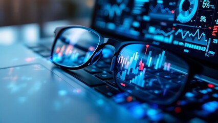 Wall Mural - financial charts and data overlay on a blurry background of glasses and a keyboard, showcasing a mod