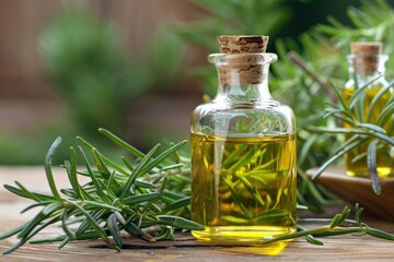 Wall Mural - Glass bottle of essential rosemary oil with fresh rosemary sprigs on a wooden table, promoting natural remedies and aromatherapy