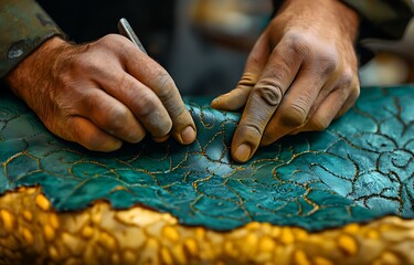 Close-up of artisan hands meticulously carving intricate design onto teal leather, showcasing gold detailing.