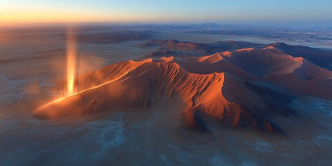 Canvas Print - Breathtaking Aerial View of Majestic Sand Dunes at Sunset with Dramatic Light Beam in Vast Desert Landscape Captured in Stunning Natural Tranquility Aerial Photography