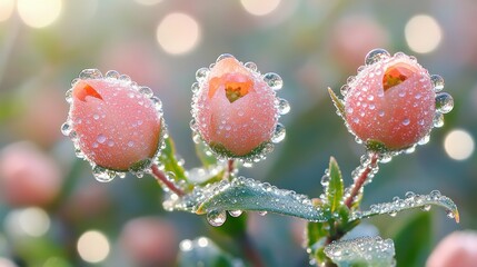 Wall Mural - Dew-kissed peach blossoms in garden, sunrise bokeh background