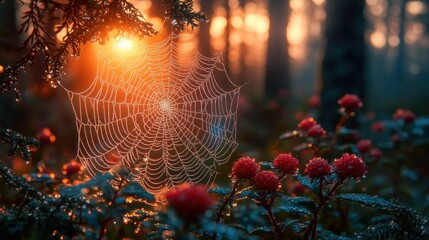 Wall Mural - Dew-kissed spiderweb at sunrise in forest with berries