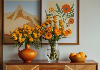 Wall Mural - Interior of modern living room with yellow armchair and vase with flowers