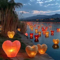 Wall Mural - Heart-Shaped Lanterns Illuminate Tranquil Lake at Dusk, Reflecting Romantic Serenity and Nature's Evening Glow Amidst Lush Scenery and Mysterious Mountains