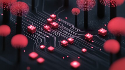 A futuristic circuit board design featuring glowing red nodes resembling trees, set against a dark background to emphasize technology and innovation.
