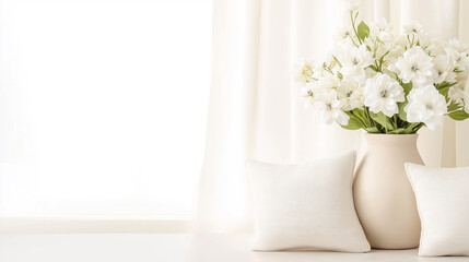 Wall Mural - Elegant white flowers in a vase with cushions, perfect for bright floral decor arrangements.