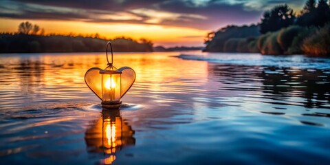 Wall Mural - Romantic Heart Lantern Illuminating Calm Water at Sunset