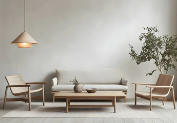 Wall Mural - 
A living room with a light grey sofa, wooden coffee table, and armchair against a white wall.