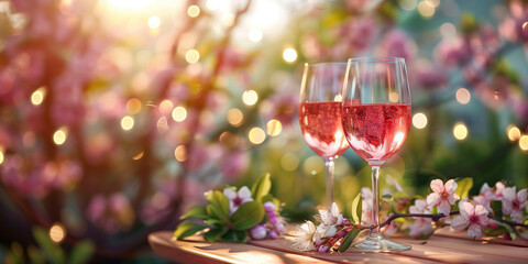 Wall Mural - Two glasses of pink wine on a table on cozy wooden terrace with blossoming trees and string lights in background. Charming evening in spring garden.