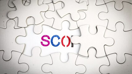 Wall Mural - Scope. Revealing the word by removing the puzzle pieces. Stop motion, 4K