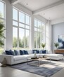 © Chanchai - Modern white and blue open concept living area with a large window, white walls, collaborative space, open plan, comfortable seating, blue accents