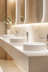 Canvas Print - Minimalist shared bathroom showcases individual white sinks and mirrors. Soft lighting enhances simplicity while maintaining a clean and functional atmosphere for users