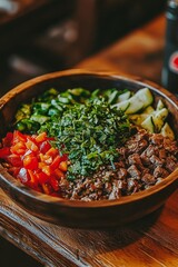 Wall Mural - Healthy and Flavorful Bowl with Grilled Beef, Fresh Vegetables, and Herbs on Rustic Wooden Table