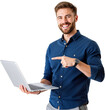 © Nour Studio - Smiling Man in Blue Shirt Holding Laptop and Pointing at It on Transparent Background, PNG format