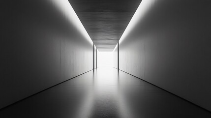 Wall Mural - Long, narrow hallway with a light shining down on it. The hallway is empty and the light is the only source of illumination