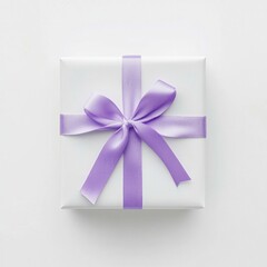 Wall Mural - Elegant white gift box with lavender ribbon bow on a minimalist background