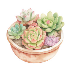 Wall Mural - Watercolor Succulents Arrangement: A vibrant collection of succulents in various shades of green, pink, and white thrives in a terracotta pot, rendered in a delicate watercolor style.