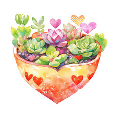 Wall Mural - Heartfelt Succulents:  A vibrant watercolor illustration of a heart-shaped planter overflowing with lush green succulents, accented with playful hearts.