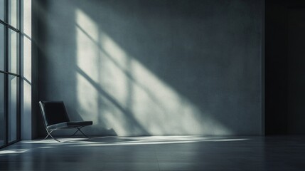 Wall Mural - Elegant waiting room with a modern design armchair and concrete floor, sunlight illuminating through large window