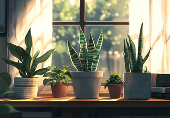 Wall Mural - 
Imagine three snake plants in different pots on the table, with potted green leaves and white stripes next to them. There is also an object made of concrete, placed near or behind them.