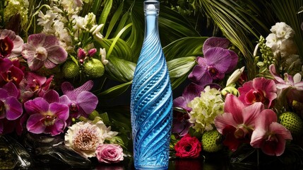 Sticker - Blue glass bottle with a swirling design, surrounded by vibrant orchids and lush greenery. A dark background enhances the bottle's color and texture