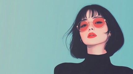 Wall Mural - Woman with red lipstick and sunglasses is the main focus of the image. The woman is wearing a black shirt and a black hat. The image has a cool and edgy vibe, with the woman's sunglasses