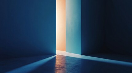 Wall Mural - Blue room with a doorway that is lit up by the sun. The room is empty and the doorway is the only source of light