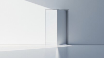 Wall Mural - Door is open in a room with a white wall. The door is silver and the room is empty