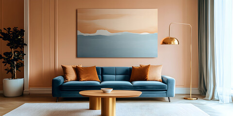 Wall Mural - 
Modern interior design of a living room with a blue sofa and a pastel wall background, a golden floor lamp, a wooden coffee table, and an abstract painting on the wall.