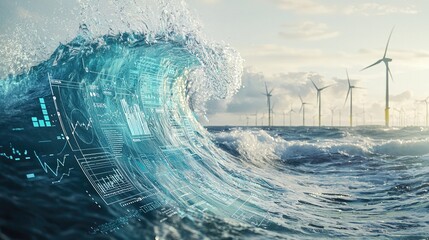 A dynamic ocean wave blended with financial graphs and sustainable icons, symbolizing green energy. Digital graphs and sustainable icons merge 