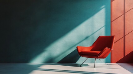 Wall Mural - Red chair is sitting in front of a blue wall. The chair is positioned in such a way that it is casting a shadow on the wall. The room has a modern and minimalist design