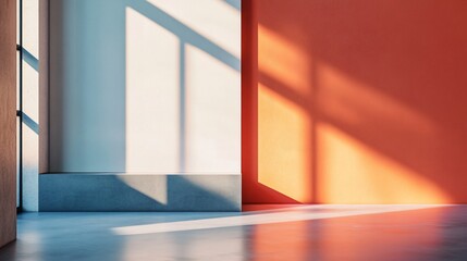 Wall Mural - Sunlight is casting shadows in a modern minimalist interior with white and orange walls