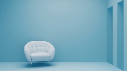 Wall Mural - Minimalist blue room with modern white armchair and empty wall, perfect for adding text or product placement