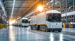 © remake - electric autonomous trucks in logistics warehouse. Modern freight vehicles with zero emissions. Future of transport and delivery with sustainable technology. Eco innovation