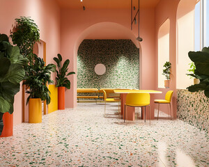 Wall Mural - Pink and green terrazzo flooring, a terracotta table with yellow chairs, and wall art of plants in an open space interior design concept